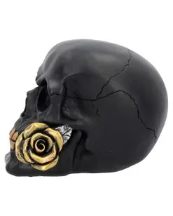 Schwarzer Totenschädel Mit Goldener Rose 15cm -Grusel Dekor Geschaft schwarzer totenkopf mit goldener rose black skull with golden rose gothic deko gothic totenkopf 54621 03